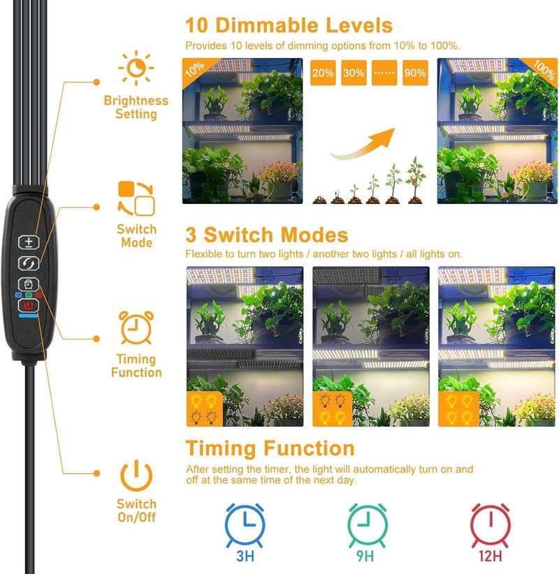 Rocoking Led Grow Light,Ultra-Thin Panel Grow Lights for Indoor Plants,644LEDs Full Spectrum Grow Lights for Under Cabinet Plant, Grow Lamp with 3/9/12H Timer,10 Dimmable Levels for Plants Growing (4pcs Pro) - Image 2